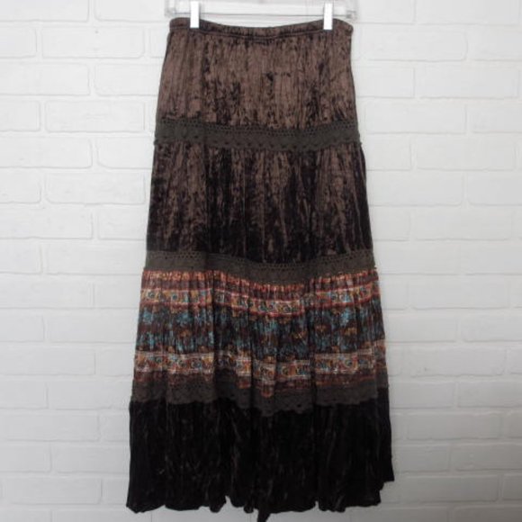 Temptation Italy Brown Velvet Boho Gypsy Lace Trim 2 Piece Top and Skirt - Picture 9 of 16